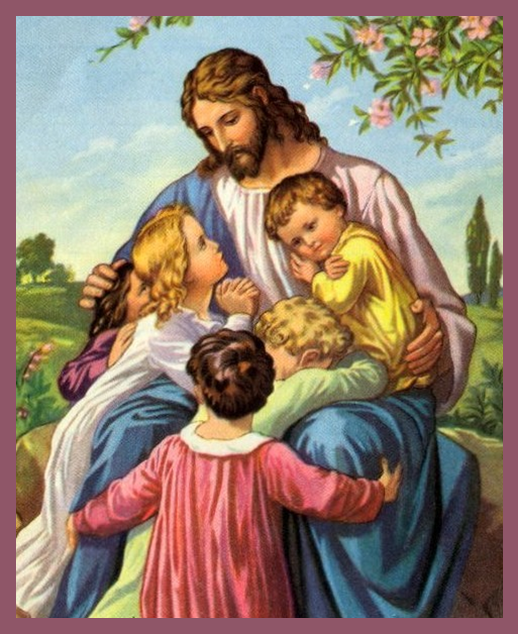 Stories for God’s Little Ones – illustration of Jesus surrounded by children in a peaceful outdoor setting.