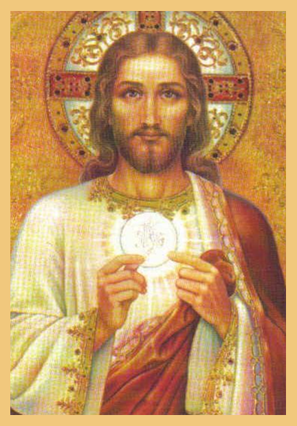 True Stories for First Communicants audiobook – sacred artwork of Jesus presenting the Blessed Sacrament.